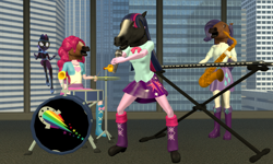 Size: 5120x3072 | Tagged: safe, artist:n3onh100, pinkie pie, rarity, sci-twi, twilight sparkle, human, equestria girls, g4, cursed image, drums, hoers mask, keyboard, mask, masked matter-horn costume, microphone, musical instrument, power ponies