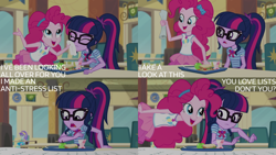 Size: 1280x720 | Tagged: safe, edit, edited screencap, editor:quoterific, screencap, pinkie pie, sci-twi, twilight sparkle, human, equestria girls, equestria girls series, g4, stressed in show, stressed in show: pinkie pie, apple, bowtie, clothes, cutie mark on clothes, duo, duo female, eyes closed, female, food, geode of sugar bombs, geode of telekinesis, glasses, jewelry, magical geodes, necklace, open mouth, open smile, ponytail, sandwich, smiling, text