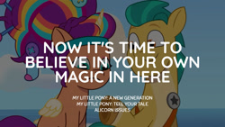Size: 1280x720 | Tagged: safe, edit, edited screencap, editor:quoterific, screencap, hitch trailblazer, sunny starscout, alicorn, earth pony, pony, alicorn issues, g5, my little pony: tell your tale, spoiler:g5, spoiler:my little pony: tell your tale, spoiler:tyts01e14, duo, duo male and female, female, male, mane stripe sunny, mare, race swap, smiling, stallion, sunnycorn, text