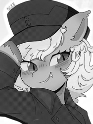 Size: 600x800 | Tagged: safe, artist:ishikawachichan, oc, oc only, bat pony, clothes, comic, fangs, female, hat, japanese, looking at you, mare, monochrome, salute, simple background, solo, white background