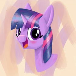 Size: 1280x1280 | Tagged: safe, artist:anderdraws, twilight sparkle, ambiguous race, pony, g4, abstract background, bust, female, looking at you, mare, open mouth, open smile, portrait, smiling, smiling at you, solo