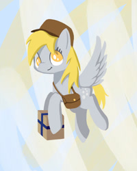 Size: 1280x1598 | Tagged: safe, artist:anderdraws, derpy hooves, pegasus, pony, g4, abstract background, bag, derp, female, flying, hat, hoof hold, mailmare, mare, package, saddle bag, smiling, solo, spread wings, wings