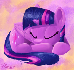 Size: 1280x1206 | Tagged: safe, artist:anderdragon76, artist:anderdraws, twilight sparkle, alicorn, pony, abstract background, eyes closed, female, folded wings, horn, lying down, mare, prone, sleeping, solo, twilight sparkle (alicorn), wings