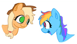 Size: 1280x729 | Tagged: safe, artist:anderdraws, applejack, rainbow dash, earth pony, pony, g4, applejack's hat, bust, cowboy hat, duo, duo female, ear fluff, female, hat, lesbian, looking at each other, looking at someone, mare, no pupils, open mouth, portrait, profile, ship:appledash, shipping, simple background, smiling, smiling at each other, white background
