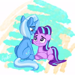 Size: 2048x2048 | Tagged: safe, artist:anderdraws, starlight glimmer, trixie, pony, unicorn, g4, duo, duo female, female, high res, horn, lesbian, looking at each other, looking at someone, looking down, looking up, lying down, mare, open mouth, open smile, prone, ship:startrix, shipping, simple background, sitting, smiling, white background