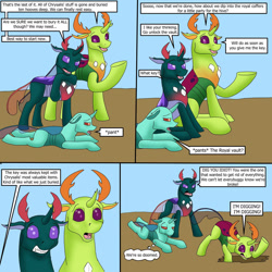 Size: 1280x1280 | Tagged: safe, artist:termyotter, cornicle, pharynx, thorax, changedling, changeling, g4, atg 2022, brothers, changedling brothers, deadpan snarker, dialogue, digging, king thorax, male, newbie artist training grounds, oh crap, pharynx is not amused, prince pharynx, realization, siblings, speech bubble, thought bubble, too dumb to live, unamused, we are doomed