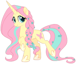 Size: 2117x1780 | Tagged: safe, artist:oddysies, fluttershy, pony, unicorn, g4, braid, fluttershy (g5 concept leak), g5 concept leaks, hoof shoes, simple background, slender, smiling, solo, thin, transparent background