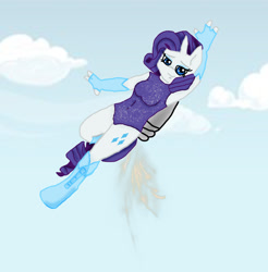 Size: 1280x1303 | Tagged: safe, artist:beesworldooo, rarity, unicorn, anthro, g4, clothes, female, flying, jetpack, leotard, sky, sky background, smiling