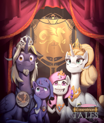 Size: 671x794 | Tagged: safe, artist:harmonize entertainment, princess celestia, princess luna, g4, braces, equestrian tales, family photo, female, filly, filly celestia, filly luna, lady dawn, sire dusk, woona, younger
