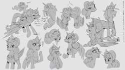 Size: 1113x626 | Tagged: safe, artist:harmonize entertainment, artist:ruffu, princess celestia, princess luna, alicorn, pony, g4, black and white, equestrian tales, family photo, female, filly, filly celestia, filly luna, grayscale, lady dawn, lineart, monochrome, sire dusk, woona, younger
