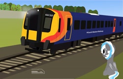 Size: 3919x2544 | Tagged: safe, artist:ponyrailartist, oc, oc only, bat pony, pony, british, high res, sitting, train, train tracks, united kingdom
