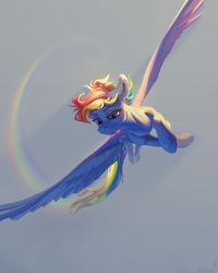 Size: 2394x2998 | Tagged: safe, artist:mithriss, rainbow dash, pegasus, pony, g4, female, flying, high res, mare, rainbow, rainbow trail, solo, spread wings, wings