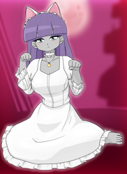 Size: 1668x2290 | Tagged: safe, artist:batipin, maud pie, human, equestria girls, g4, barefoot, breasts, busty maud pie, cat ears, cat pose, choker, cleavage, clothes, cute, dress, feet, female, looking at you, missing shoes, moon phase, neko, solo, tsukuyomi