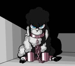 Size: 1548x1348 | Tagged: safe, artist:greatspacebeaver, oc, oc:prey, lamb, sheep, fanfic:prey and a lamb, angry, cell, collar, dreverton, fanfic art, prison, prisoner, shackles