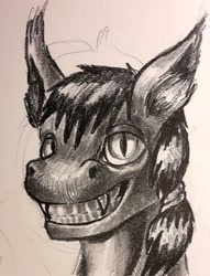 Size: 1119x1461 | Tagged: safe, artist:greatspacebeaver, oc, oc:dusky gloom, bat pony, fanfic:prey and a lamb, cheshire grin, ear tufts, fanfic art, fangs, slit pupils, smiling