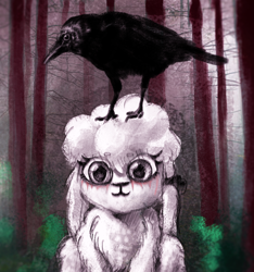 Size: 1666x1779 | Tagged: safe, artist:greatspacebeaver, oc, oc:prey, bird, crow, lamb, sheep, fanfic:prey and a lamb, burn marks, fanfic art, forest, looking at you, ribbon, smiling