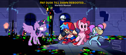 Size: 1000x436 | Tagged: safe, artist:jakeneutron, artist:rainbrony, pinkie pie, twilight sparkle, alicorn, earth pony, human, pony, g4, bandage, boyfriend, boyfriend (friday night funkin), cap, castle of the royal pony sisters, clothes, crossover, error, female, friday night funkin', glitch, hair bun, hat, horn, male, mare, microphone, moon, night, pants, pibby, raised hoof, shirt, shocked, shoes, smiling, spread wings, text, twilight sparkle (alicorn), wings