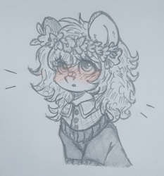Size: 960x1031 | Tagged: safe, artist:starkey, oc, earth pony, pony, bandaid, bandaid on nose, bust, clothes, cute, floral head wreath, flower, hesitant, monochrome, shirt, solo, sweater, traditional art