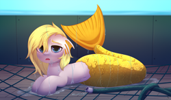 Size: 2800x1632 | Tagged: safe, alternate version, artist:dinoalpaka, oc, oc only, oc:salmonia, merpony, air drowning, belly button, female, fins, fishing boat, fishing net, gasping, hose, solo, tail, tail fin, wet, wet mane