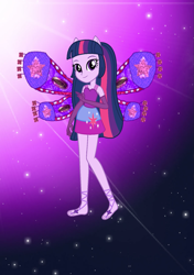 Size: 1099x1557 | Tagged: safe, artist:ketrin29, artist:magical-mama, artist:user15432, twilight sparkle, alicorn, fairy, human, equestria girls, g4, alternate hairstyle, barefoot, barely eqg related, base used, clothes, crossover, cutie mark on clothes, dress, enchantix, fairy wings, fairyized, feet, gloves, long gloves, looking at you, ponied up, purple background, purple dress, purple wings, simple background, solo, sparkly background, twilight sparkle (alicorn), wings, winx, winx club, winxified