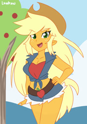 Size: 1280x1815 | Tagged: safe, artist:lirudraw, applejack, human, equestria girls, g4, applejack's hat, belly button, breasts, busty applejack, clothes, cowboy hat, eyebrows, eyebrows visible through hair, front knot midriff, hand on hip, hat, looking at you, midriff, open mouth, open smile, shorts, signature, smiling, smiling at you, solo