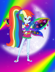 Size: 1100x1444 | Tagged: safe, artist:ketrin29, artist:magical-mama, artist:user15432, rainbow dash, fairy, human, equestria girls, g4, alternate hairstyle, barefoot, barely eqg related, base used, clothes, colored wings, crossover, cutie mark on clothes, dress, enchantix, fairy wings, fairyized, feet, gloves, gradient wings, hand on arm, long gloves, long hair, looking at you, moon, multicolored wings, night, ponied up, ponytail, rainbow, rainbow background, rainbow dress, rainbow wings, solo, sparkly background, stars, wings, winx, winx club, winxified