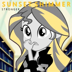 Size: 1068x1068 | Tagged: safe, edit, edited screencap, screencap, sunset shimmer, human, equestria girls, g4, album, album cover, kelly clarkson, singer, singing, stronger