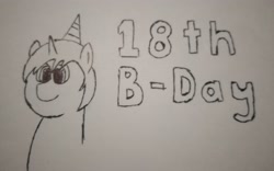 Size: 3636x2273 | Tagged: safe, artist:valuable ashes, oc, oc:technical writings, pony, unicorn, birthday, hat, high res, party hat, solo, traditional art