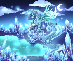 Size: 1200x1000 | Tagged: safe, artist:aquagalaxy, oc, oc only, oc:sapphire crescent, pegasus, pony, crystal, night, pond, solo, water