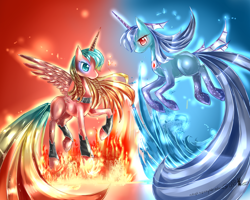 Size: 2000x1600 | Tagged: safe, artist:aquagalaxy, oc, oc only, alicorn, pony, alicorn oc, duo, fire, horn, underwater, water, wings