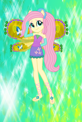 Size: 913x1361 | Tagged: safe, artist:ketrin29, artist:user15432, fluttershy, fairy, human, equestria girls, g4, alternate hairstyle, bare shoulders, barefoot, barely eqg related, base used, clothes, crossover, cutie mark on clothes, dress, enchantix, fairy wings, fairyized, feet, gloves, green background, hand behind back, leaves, long gloves, long hair, looking at you, ponied up, ponytail, purple dress, simple background, solo, sparkly background, strapless, wings, winx, winx club, winxified, yellow wings