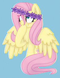 Size: 1251x1617 | Tagged: safe, artist:scarecrowkitty, fluttershy, pegasus, pony, g4, blue background, chromatic aberration, cute, eye clipping through hair, female, floral head wreath, flower, mare, shyabetes, simple background, sitting, smiling, solo, spread wings, wings