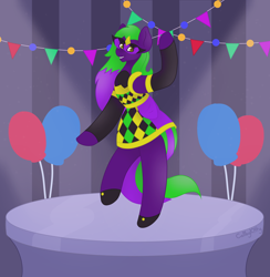 Size: 4384x4488 | Tagged: safe, artist:calibykitty, oc, oc only, oc:masquerade, earth pony, pony, absurd resolution, balloon, bipedal, clothes, dancing, earth pony oc, eyebrows, female, grin, looking at you, mare, mask, multicolored hair, multicolored mane, party, scene, signature, smiling, smiling at you, solo, spotlight, standing, standing on one leg, standing on two hooves, streamers, table
