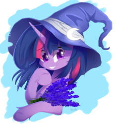 Size: 1280x1368 | Tagged: safe, artist:natanvok, twilight sparkle, pony, g4, female, flower, hat, lavender, mare, smiling, solo, witch hat