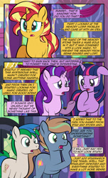 Size: 1920x3168 | Tagged: safe, artist:alexdti, starlight glimmer, sunset shimmer, twilight sparkle, oc, oc:brainstorm (alexdti), oc:star logic, alicorn, pony, unicorn, comic:quest for friendship, g4, comic, dialogue, ears back, female, high res, horn, male, mare, open mouth, raised eyebrow, raised hoof, speech bubble, stallion, twilight sparkle (alicorn), two toned mane, underhoof, unicorn oc