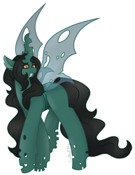 Size: 2024x2628 | Tagged: safe, artist:calibykitty, oc, oc:queen z, alicorn, changeling, changeling queen, pony, black hair, black mane, black tail, changeling wings, curly hair, curly mane, curly tail, curved horn, female, frown, high res, horn, judging, long hair, long mane, long tail, looking at you, looking down, looking down at you, multicolored eyes, raised eyebrow, sharp teeth, simple background, solo, tail, teeth, transparent background, transparent wings, walking, wings