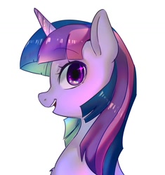 Size: 1400x1489 | Tagged: safe, artist:hosikawa, twilight sparkle, pony, g4, bust, female, horn, looking at you, mare, open mouth, open smile, portrait, profile, simple background, smiling, smiling at you, solo, white background