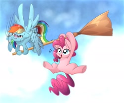Size: 2006x1678 | Tagged: safe, artist:namaenonaipony, pinkie pie, rainbow dash, earth pony, pegasus, pony, g4, broom, cloud, cross-popping veins, duo, duo female, female, flapping, floppy ears, flying, hoof hold, mare, open mouth, open smile, sky, smiling, spread wings, sweat, underhoof, wings