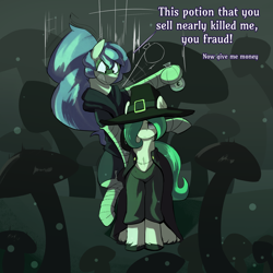 Size: 1860x1860 | Tagged: safe, artist:triplesevens, oc, oc only, oc:coven, earth pony, pony, dialogue, duo, face paint, falling, hat, male, mushroom, potion, unshorn fetlocks, witch hat