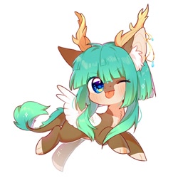 Size: 410x410 | Tagged: safe, artist:dreamsugar, oc, oc only, deer, pegasus, pony, reindeer, chibi, commission, eye clipping through hair, leonine tail, looking at you, one eye closed, simple background, tail, tongue out, white background, wings
