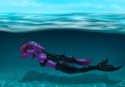 Size: 1180x820 | Tagged: safe, artist:stirren, oc, oc:violet rose ze vampony, mermaid, anthro, bondage, commission, diving, encasement, female, fish tail, latex, mermaid tail, solo, swimming, tail, underwater, water, ych result