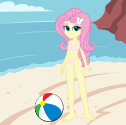 Size: 960x958 | Tagged: safe, artist:swiftgaiathebrony, fluttershy, human, equestria girls, g4, bare shoulders, beach, beach ball, belly button, bikini, clothes, sleeveless, swimsuit