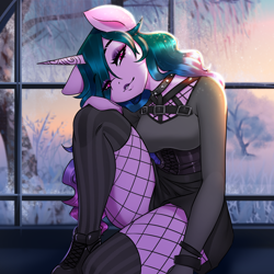 Size: 2000x2000 | Tagged: safe, artist:kennzeichen, izzy moonbow, unicorn, anthro, g5, black lipstick, boots, clothes, eyeshadow, female, fishnet stockings, goth, goth izzy, high res, lipstick, makeup, shoes, socks, solo, thigh highs, window
