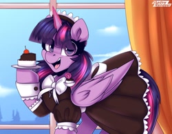 Size: 2250x1750 | Tagged: safe, artist:shadowreindeer, twilight sparkle, alicorn, pony, cake, clothes, dress, eye clipping through hair, female, folded wings, food, glowing, glowing horn, horn, maid, maidlight sparkle, mare, open mouth, open smile, smiling, solo, twilight sparkle (alicorn), wings