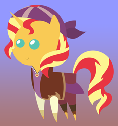 Size: 4492x4800 | Tagged: safe, artist:egor418, sunset shimmer, pony, unicorn, g4, absurd resolution, beady eyes, blue background, brown background, clothes, female, gradient background, hat, horn, lineless, mare, pirate, pointy ponies, simple background, smiling, solo