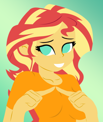 Size: 1818x2169 | Tagged: safe, artist:egor418, sunset shimmer, human, equestria girls, g4, breasts, bust, busty sunset shimmer, clothes, female, gradient background, green background, lineless, looking at you, no pupils, reasonably sized breasts, simple background, smiling, smiling at you, solo