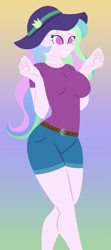 Size: 2327x5257 | Tagged: safe, artist:egor418, princess celestia, principal celestia, human, equestria girls, g4, my little pony equestria girls: better together, belt, big breasts, breasts, busty princess celestia, clothes, female, gradient background, green background, happy, hat, high res, lineless, music festival outfit, no pupils, purple background, simple background, smiling, solo, yellow background