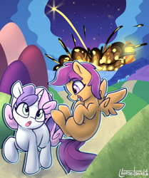 Size: 1130x1352 | Tagged: safe, artist:llametsul, scootaloo, sweetie belle, trixie, pegasus, pony, unicorn, atg 2022, cloud, duo, explosion, female, filly, flying, foal, looking at each other, looking at someone, newbie artist training grounds, path, scootaloo can fly, signature, sleeping, smiling, stars, talking, walking
