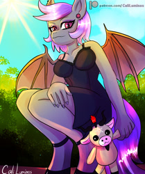 Size: 2000x2389 | Tagged: safe, artist:cali luminos, oc, oc only, bat pony, anthro, clothes, crouching, doll, female, high res, shoes, solo, toy