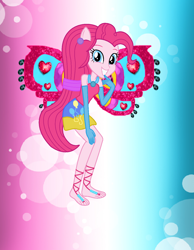Size: 1098x1412 | Tagged: safe, artist:ketrin29, artist:magical-mama, artist:user15432, pinkie pie, fairy, human, equestria girls, g4, alternate hairstyle, barefoot, barely eqg related, base used, blue background, clothes, crossover, cutie mark on clothes, dress, ear piercing, earring, enchantix, fairy wings, fairyized, feet, finger to mouth pose, gloves, gradient background, hand on knee, hand on leg, jewelry, long gloves, long hair, looking at you, piercing, pink background, pink dress, pink wings, ponied up, simple background, smiling, solo, sparkly background, wings, winx, winx club, winxified